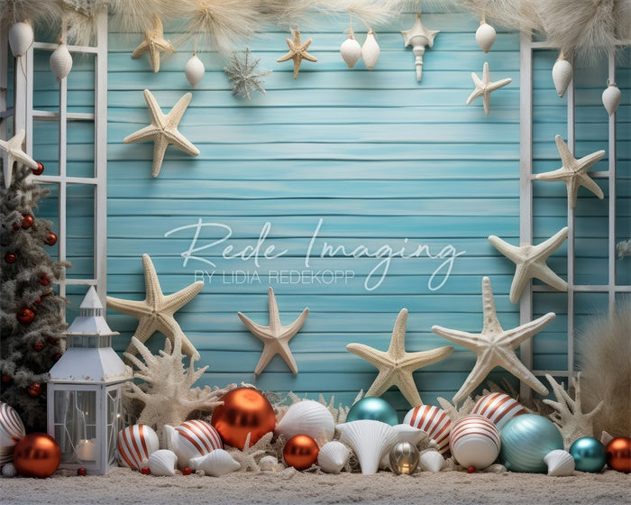 Fondo de pared navideño con temática de estrella de mar en la playa diseñado por Lidia Redekopp