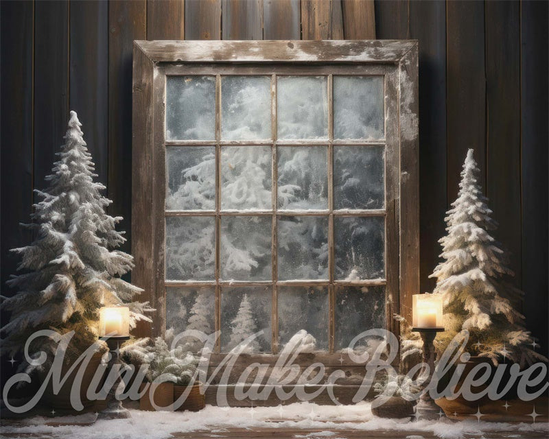 Kerst Winter Berijnd Raam Foto Achtergrond Ontworpen door Mini MakeBelieve