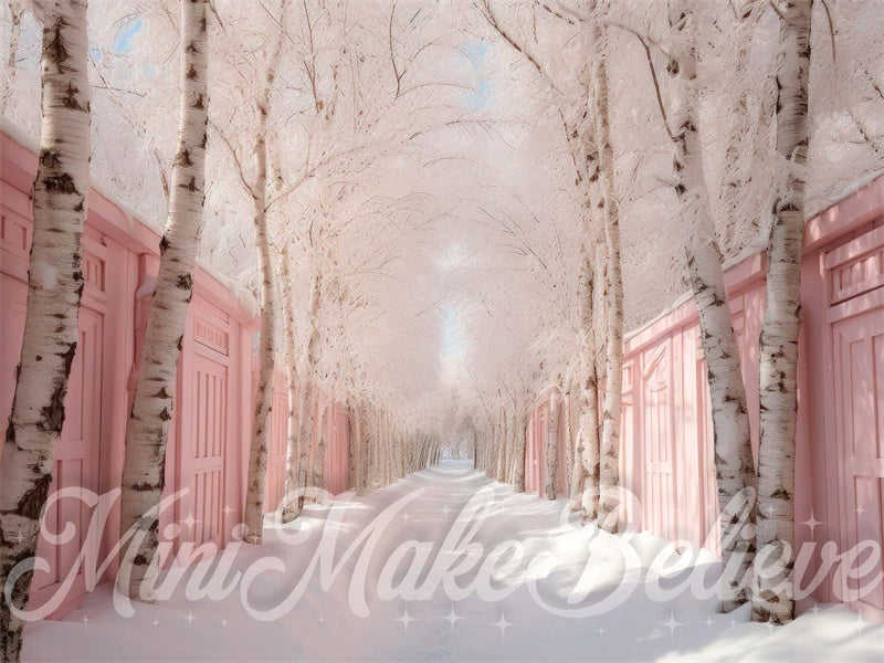 Fondo de Nieve de Invierno Navideño con Fila de Abedules Rosados Diseñado por Mini MakeBelieve