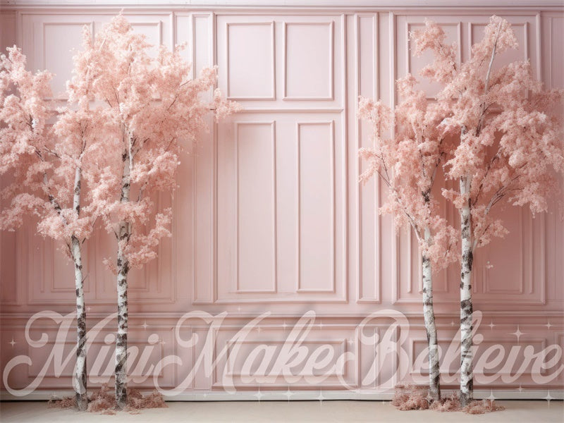 Fondo de árboles de abedul Shabby Chic en rosa diseñado por Mini MakeBelieve para la Navidad de Invierno