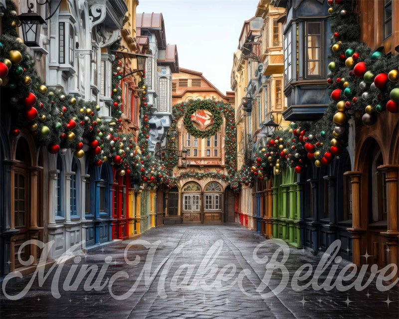 Pueblo navideño de invierno en la calle, escenografía colorida diseñada por Mini MakeBelieve.