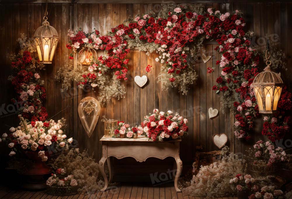 Kate Valentine's Day Rose Flower Brown Wood Backdrop Designed by Emets