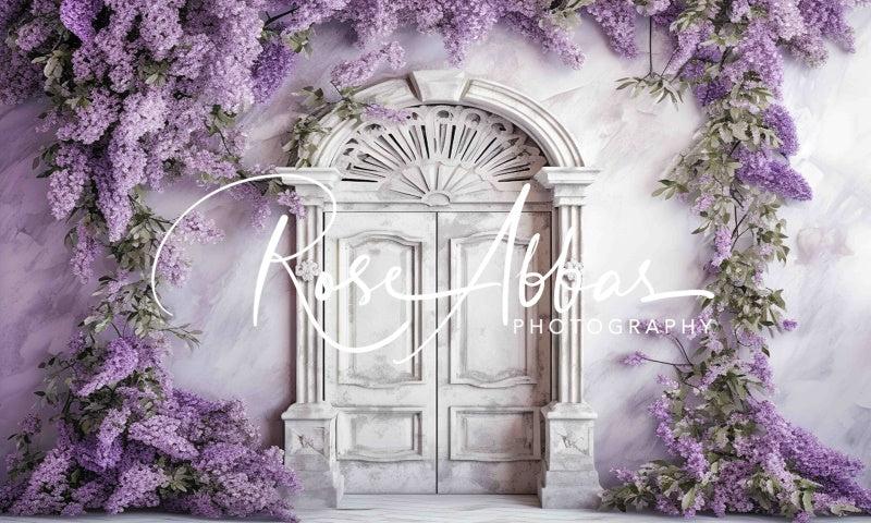 Kate Antique Door with Purple Flowers Backdrop Designed By Rose Abbas