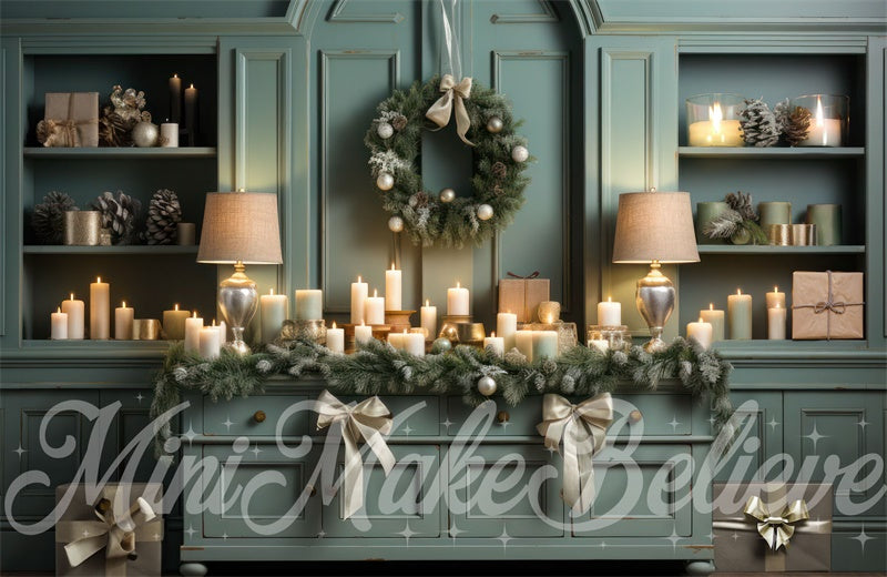 Sfondo d'interni verdi con candele Natale Progettato da Mini MakeBelieve