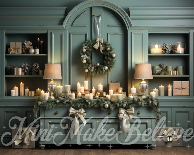 Sfondo d'interni verdi con candele Natale Progettato da Mini MakeBelieve