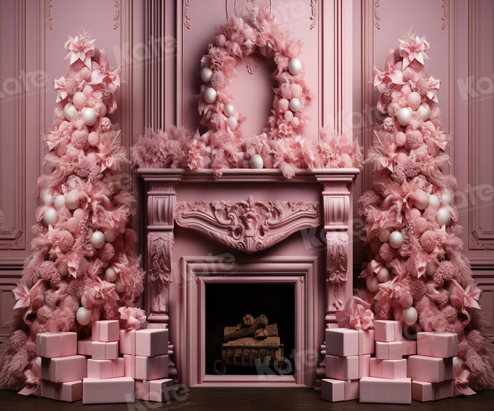 Fondo de chimenea de Navidad rosa con árbol diseñado por Emetselch