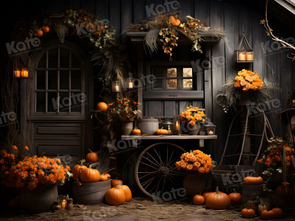 Fondo de sala negra con calabazas de otoño para fotografía