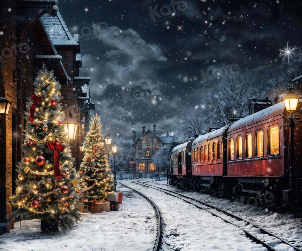 Winter Kerstboom Poolse Trein Achtergrond Ontworpen door Emetselch
