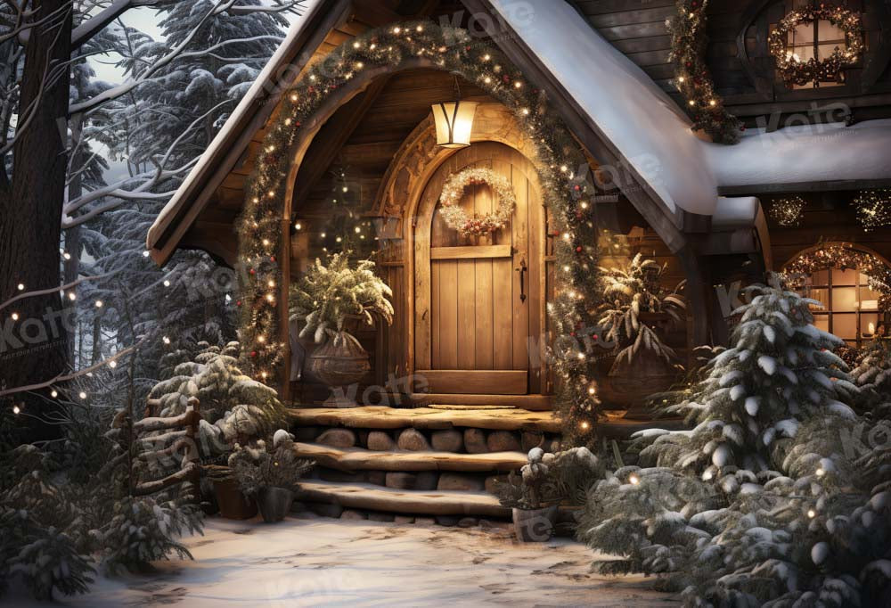 Kersthuisje van hout met sneeuwachtergrond ontworpen door Chain Photography