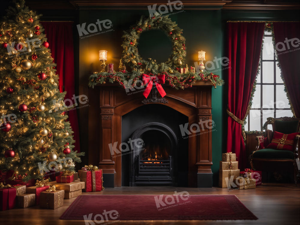 Fondo de fotografía para la Navidad en una sala victoriana roja con chimenea