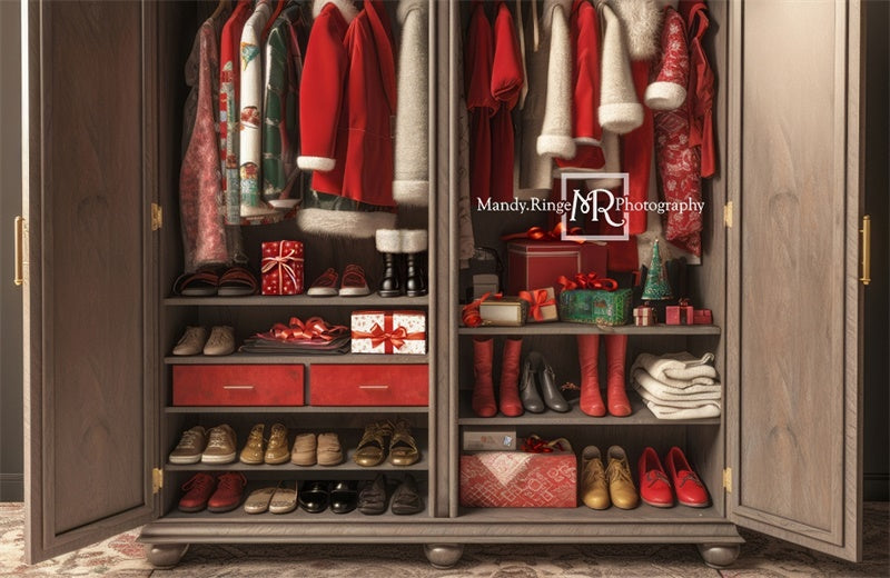 Fondo de armario de invierno de Papá Noel diseñado por Mandy Ringe Photography para la Navidad.