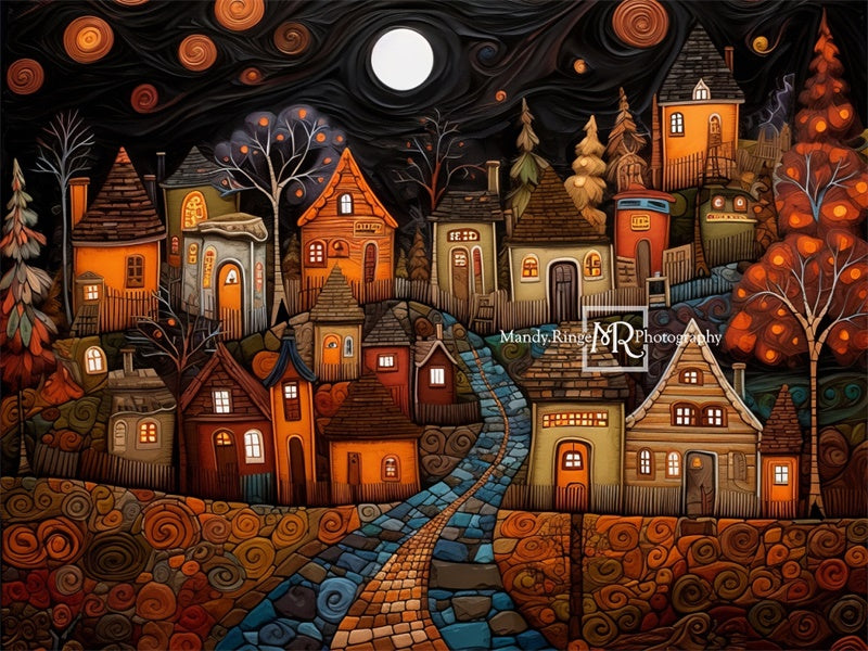 Kate Stylized Painted Autumn Village Backdrop Designed by Mandy Ringe Photography