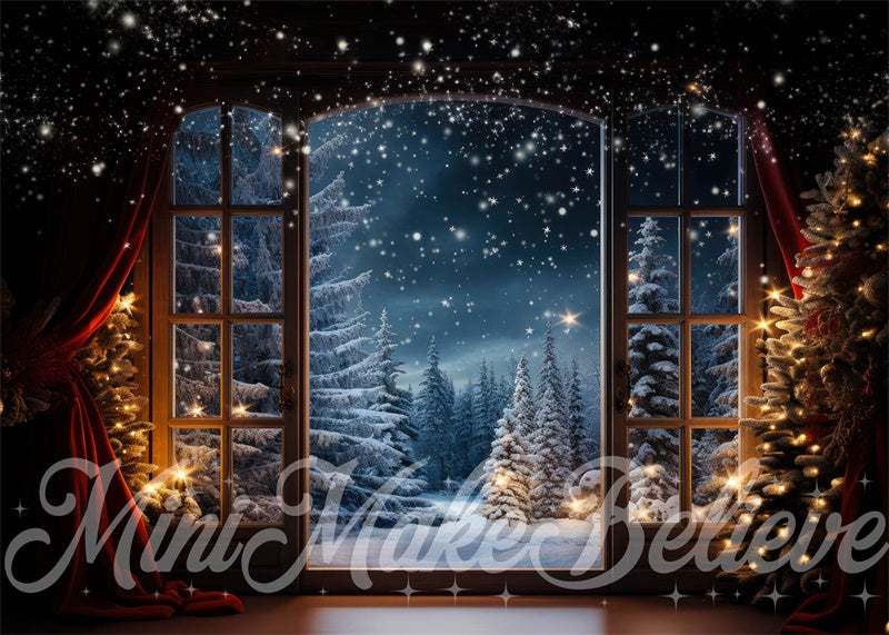 Alberi di Natale Invernali Storia di Babbo Natale Sfondo di Neve alla Finestra Progettato da Mini MakeBelieve