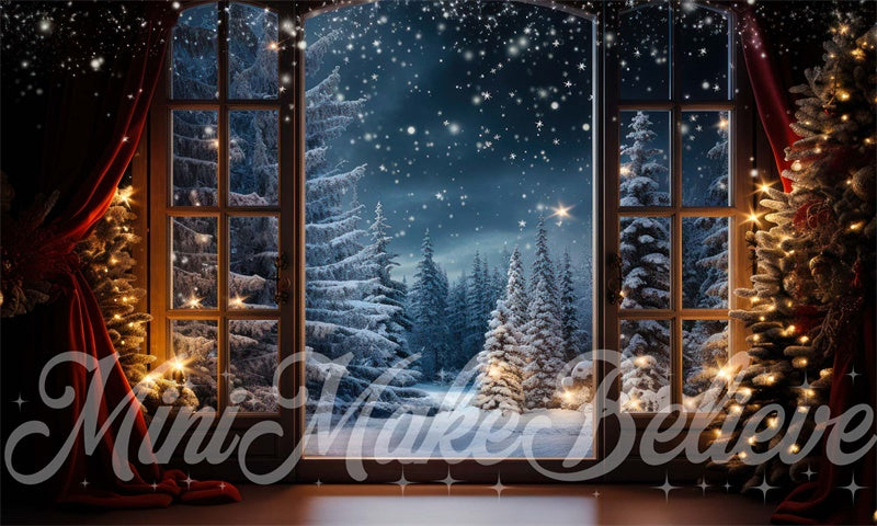 Alberi di Natale Invernali Storia di Babbo Natale Sfondo di Neve alla Finestra Progettato da Mini MakeBelieve
