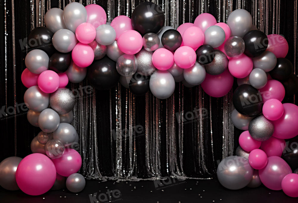 Cake Smash Verjaardag Roze Zwart Ballonnenboog Achtergrond voor Fotografie.