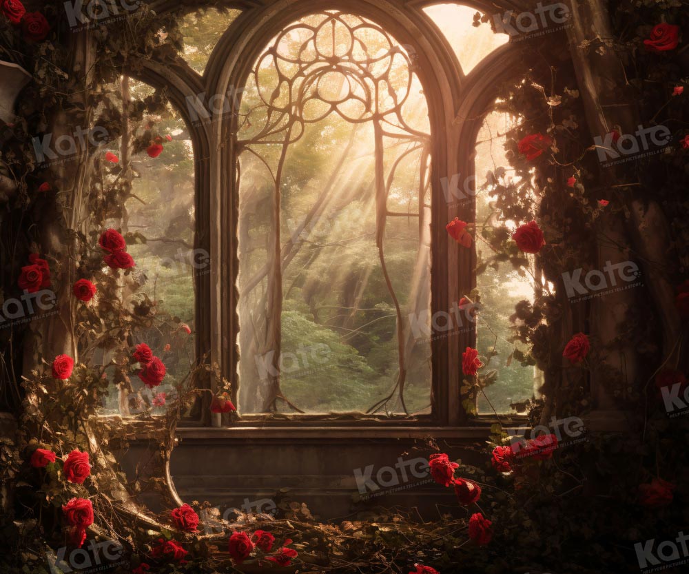 Fondo de ventana de rosas de iglesia para fotografía del Día de San Valentín