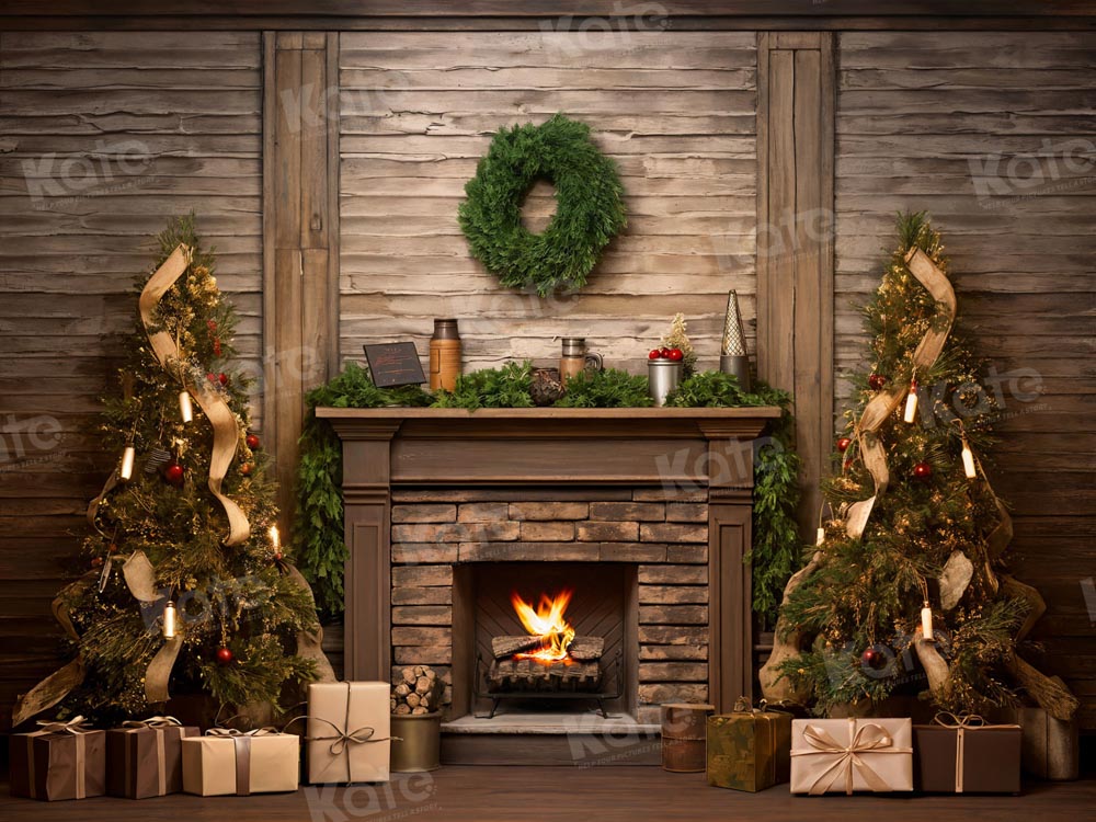 Árbol de Navidad de regalo de madera para fondo de pared para fotografía