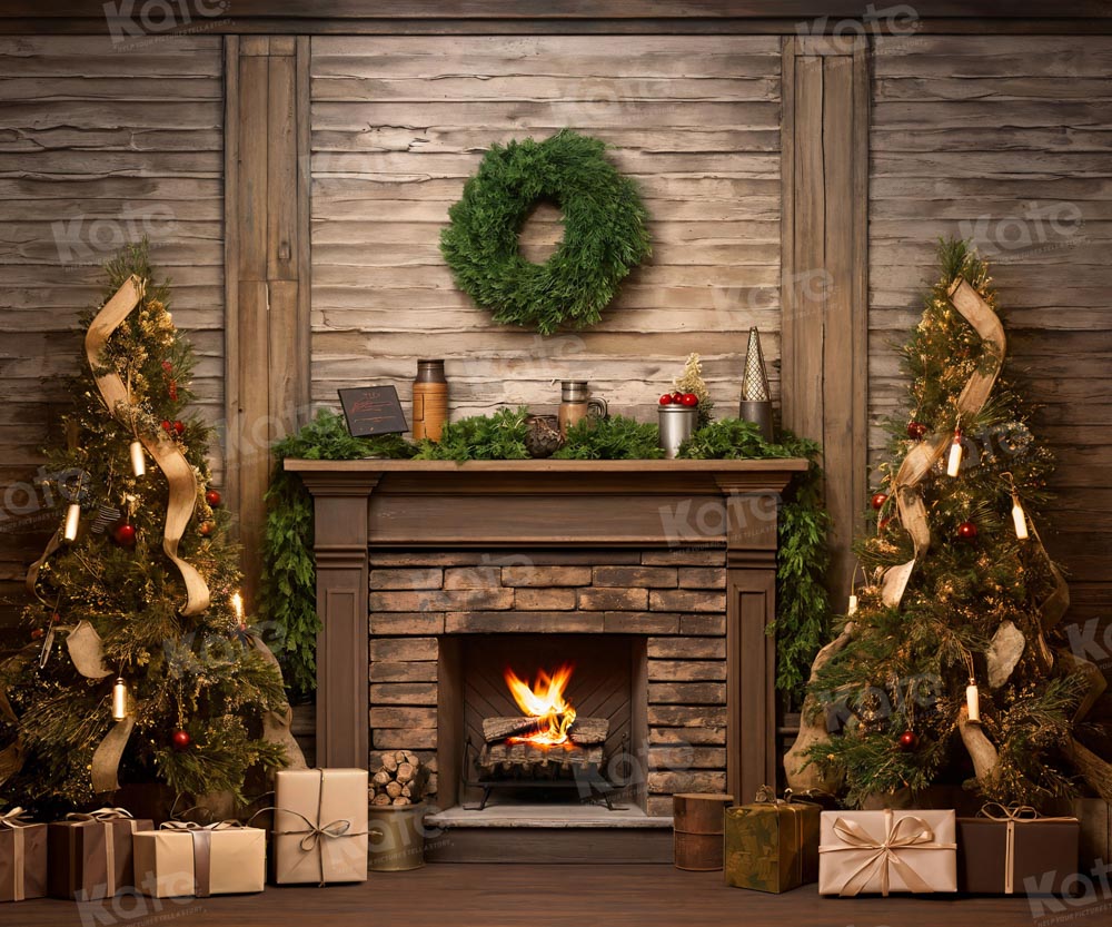 Árbol de Navidad de regalo de madera para fondo de pared para fotografía