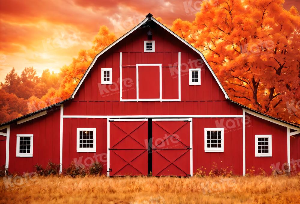 Kate Autumn Red House Maple Leaf Meadow Backdrop for Photography