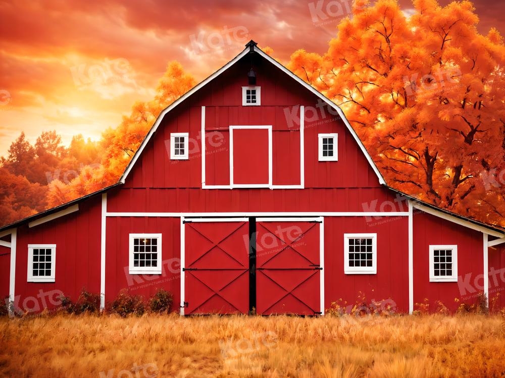 Kate Autumn Red House Maple Leaf Meadow Backdrop for Photography