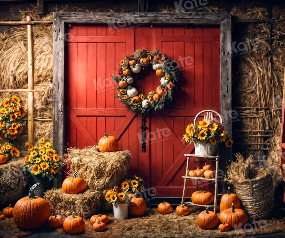 Guirnalda de calabazas de otoño roja en fondo para fotografía de puerta