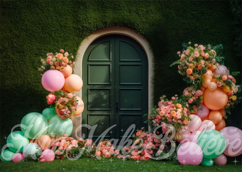 Pannello di sfondo per festa a palloncini di erba per parete esterna progettato da Mini MakeBelieve.