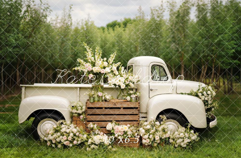 Lente Witte Bloemen Truck Achtergrond Ontworpen door Chain Photography