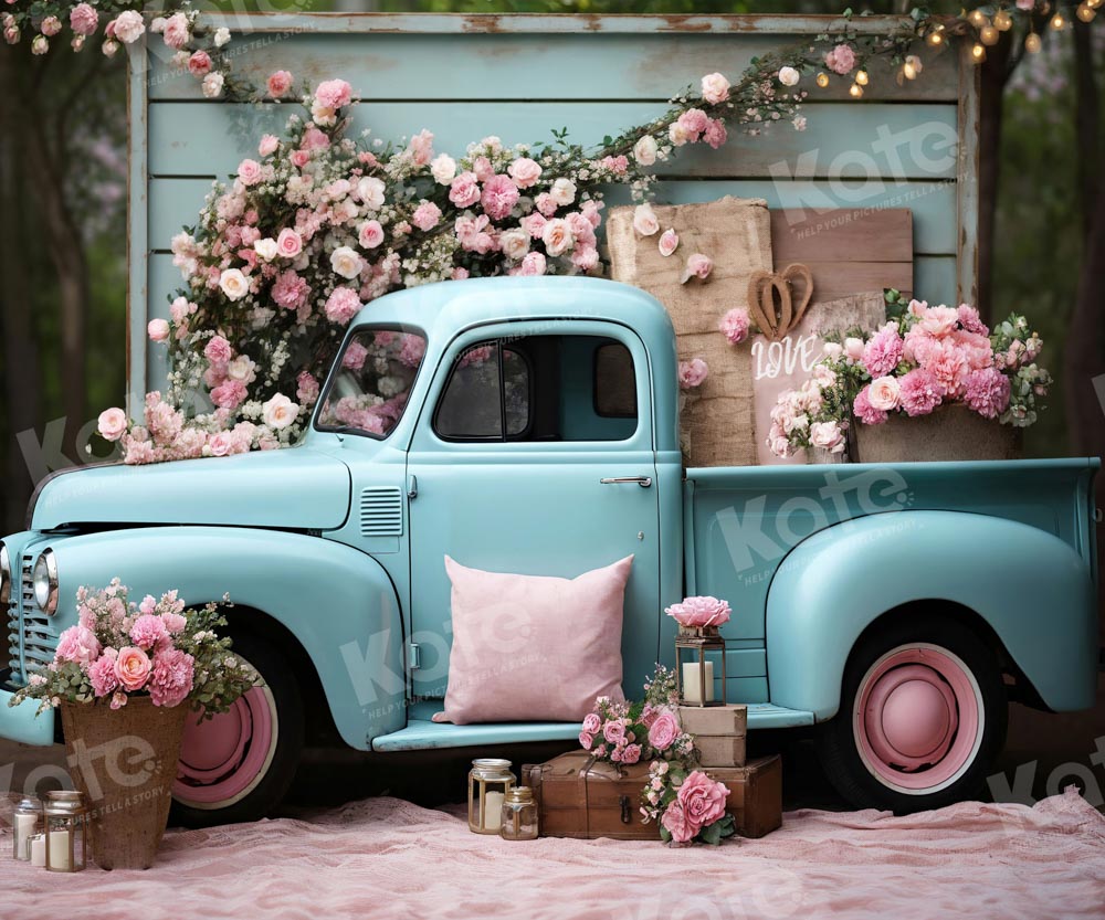 Valentijnsdag Roze Bloemen Truck Foto Achtergrond Ontworpen door Emetselch