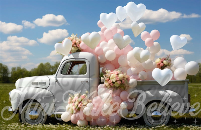 Valentijnsdag Witte Truck Hartjes Foto Achtergrond Ontworpen door Mini MakeBelieve