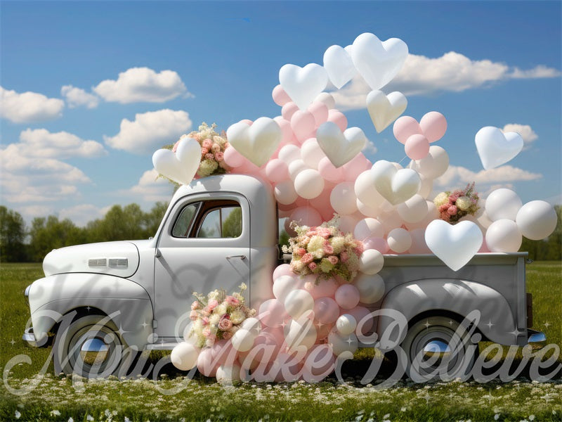 Kate Valentine's Day White Truck Hearts Backdrop Designed by Mini MakeBelieve