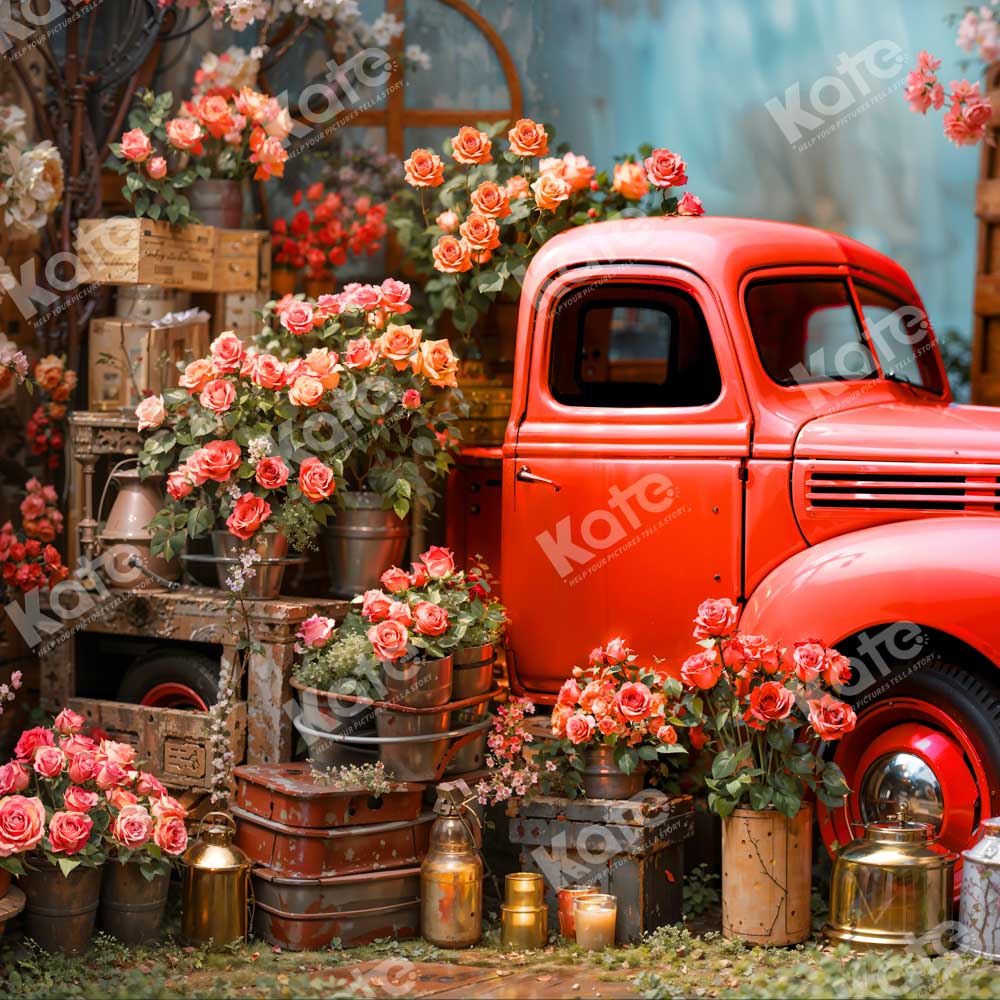 Rode Truck Hoofd Bloemen Foto Achtergrond Ontworpen door Emetselch