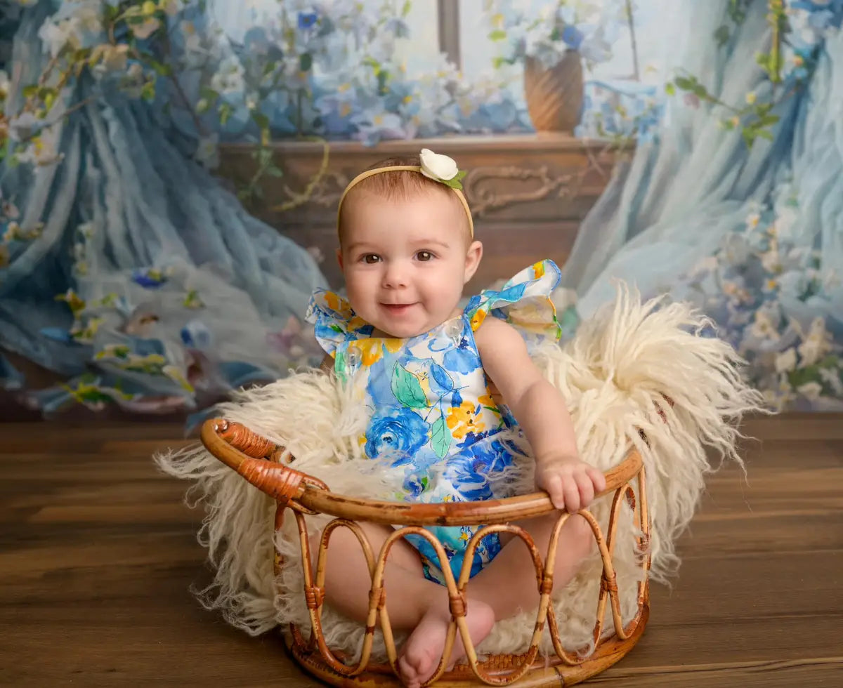 Kate Blue Flower Curtain Window Room Spring Backdrop Designed by Emetselch