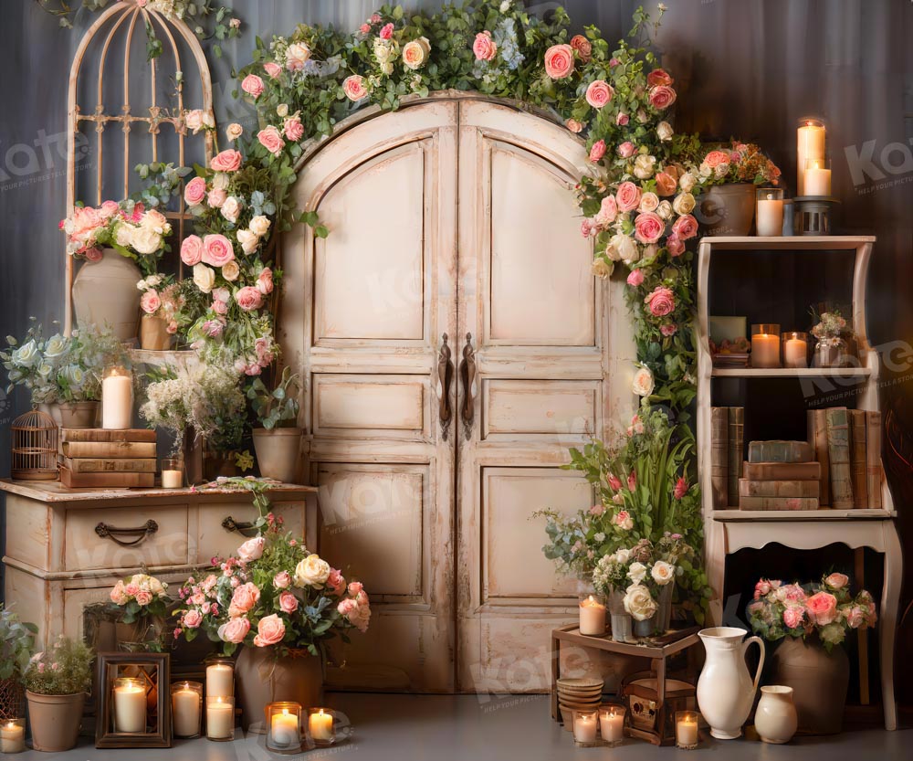 Fondo de puerta de madera con vela de flor rosa diseñado por Emetselch