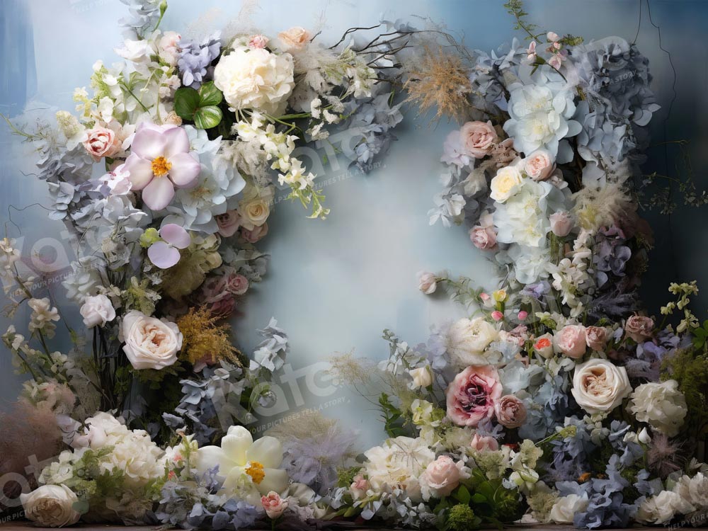 Kate Gray Blue Artistic Flower Wall Backdrop Designed by Emetselch