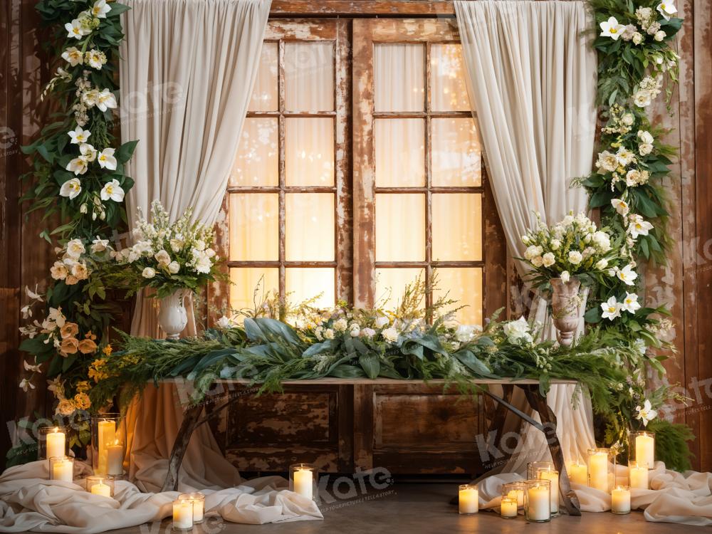 Kate White Flowers Candles Window Curtains Backdrop Designed by Emetselch