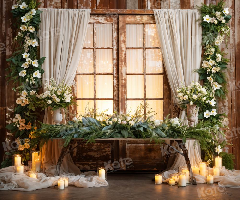 Kate White Flowers Candles Window Curtains Backdrop Designed by Emetselch