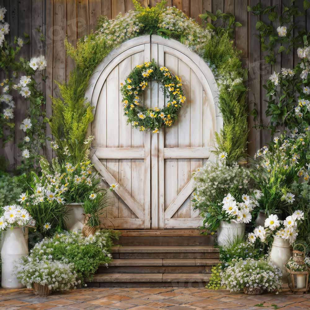 Guirnalda de plantas verdes de primavera sobre fondo de puerta de madera diseñado por Emetselch