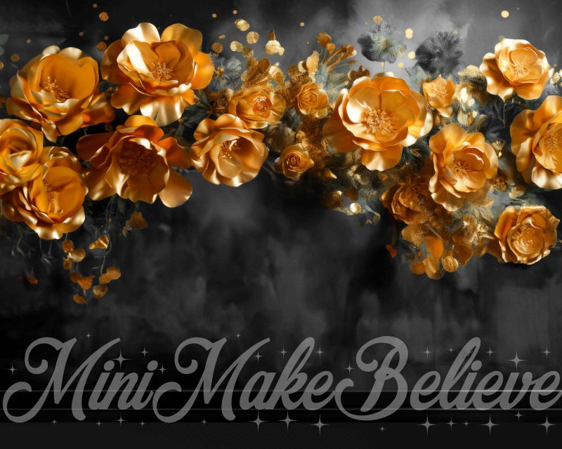 Kate Gold Flowers Black Fine Art Wall Backdrop Designed by Mini MakeBelieve