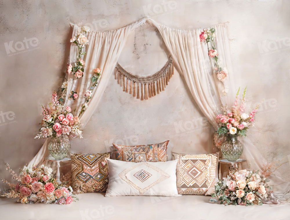 Boho Pink Rose Bed Curtain Pillow Backdrop Progettato da Emetselch