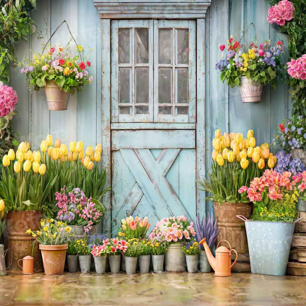 Kate Blue Wooden Door Flowers Green Plants Backdrop Designed by Emetselch