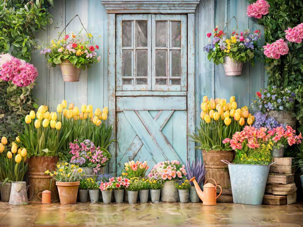 Sfondo con porta in legno blu, fiori e piante verdi progettato da Emetselch