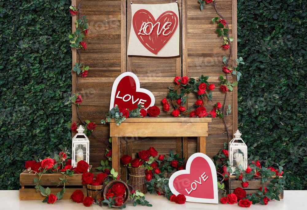 Kate Valentine Love Rose Flower Green Plant Wall Backdrop Designed by