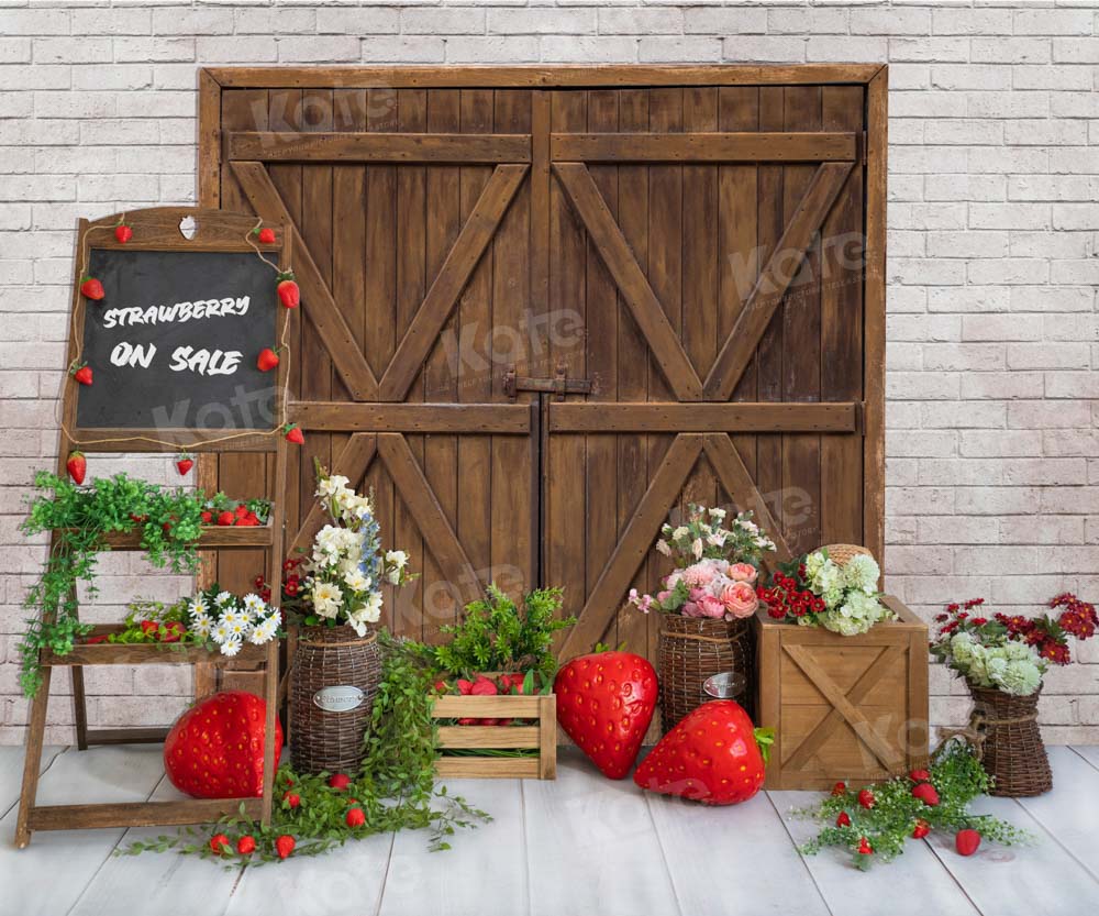 Aardbeien in de uitverkoop Bloemen Houten Deur Foto Achtergrond Ontworpen door Emetselch