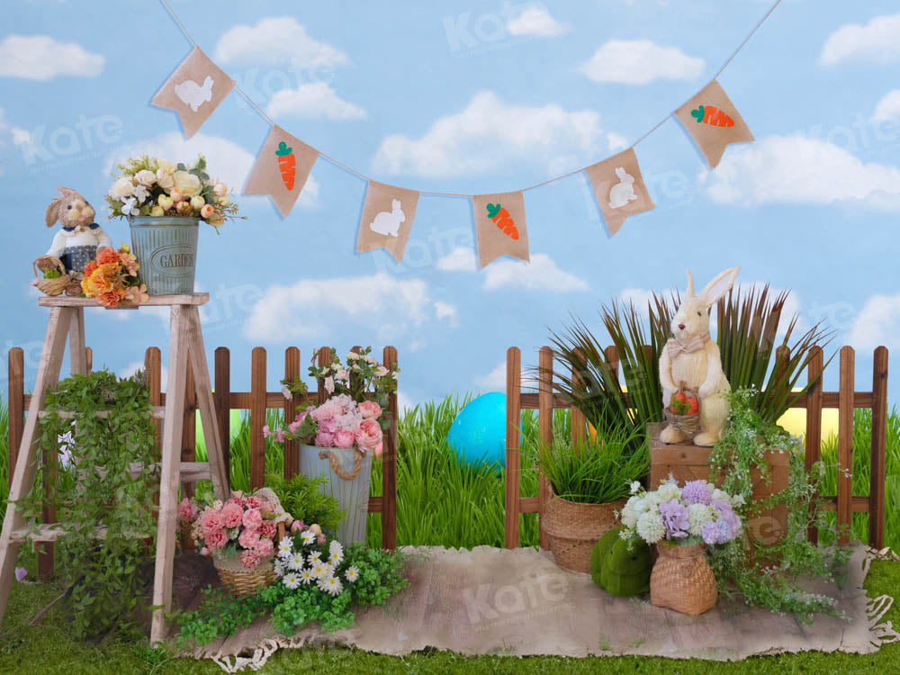 Kate Spring Green Grass Fence Rabbit Flowers Backdrop Designed by Emetselch