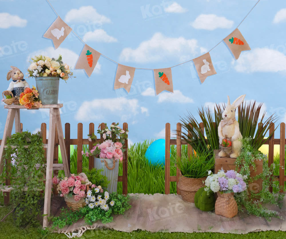 Kate Spring Green Grass Fence Rabbit Flowers Backdrop Designed by Emet