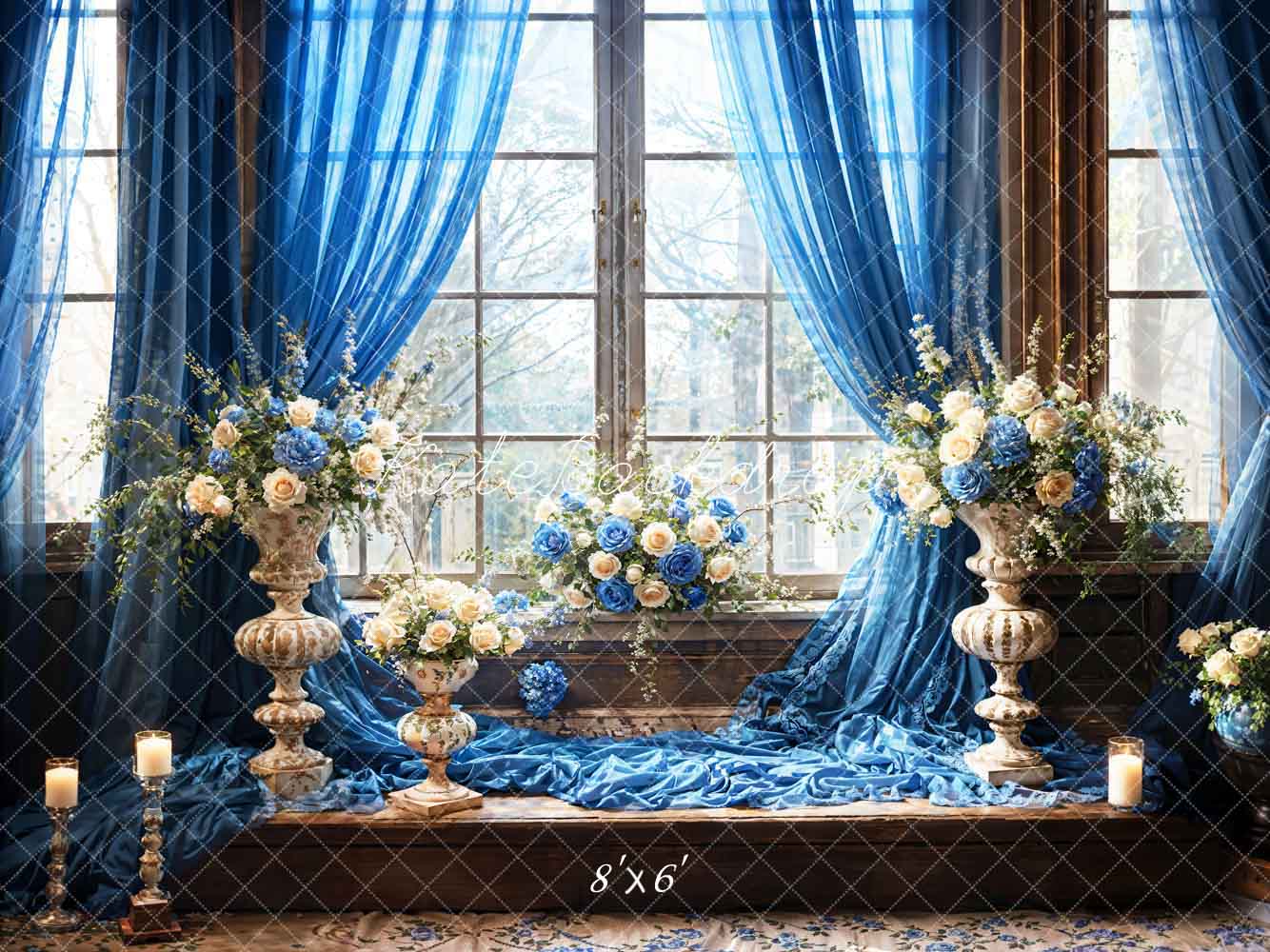 Kate Blue Flowers Candles Window Room Backdrop Designed by Emetselch