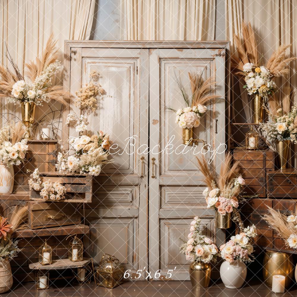 Boho Bloemen Reed Houten Kast Foto Achtergrond Ontworpen door Emetselch