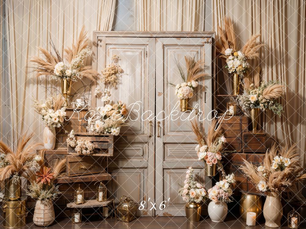 Boho Bloemen Reed Houten Kast Foto Achtergrond Ontworpen door Emetselch