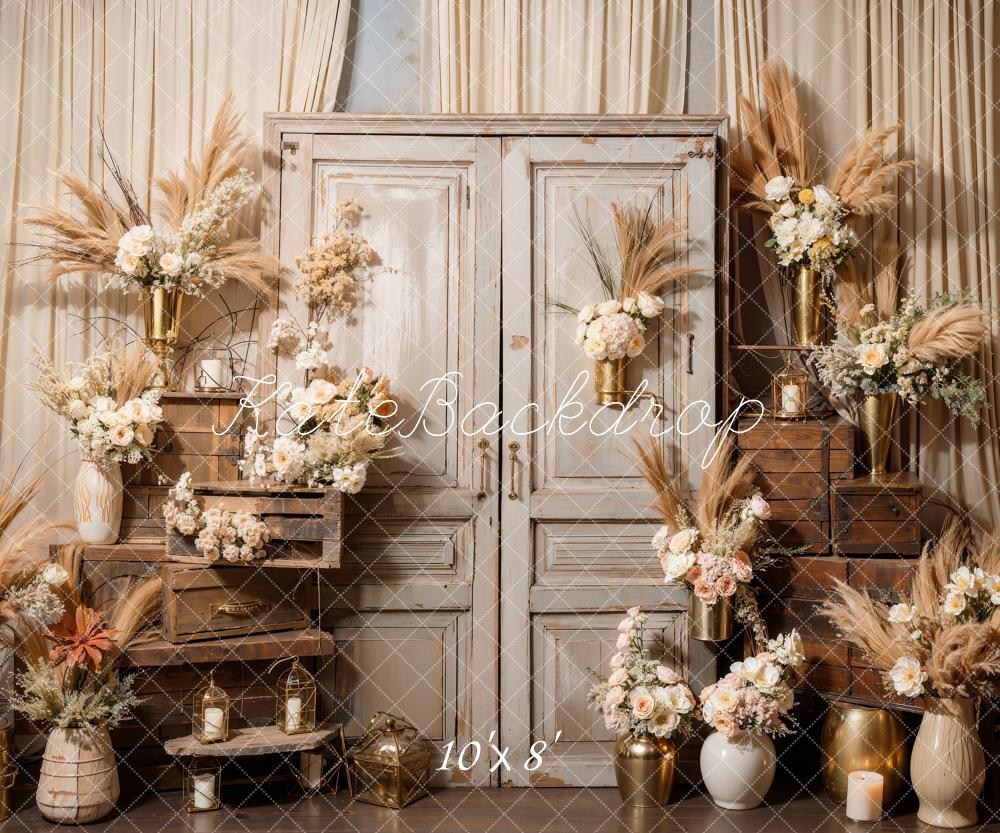 Boho Bloemen Reed Houten Kast Foto Achtergrond Ontworpen door Emetselch