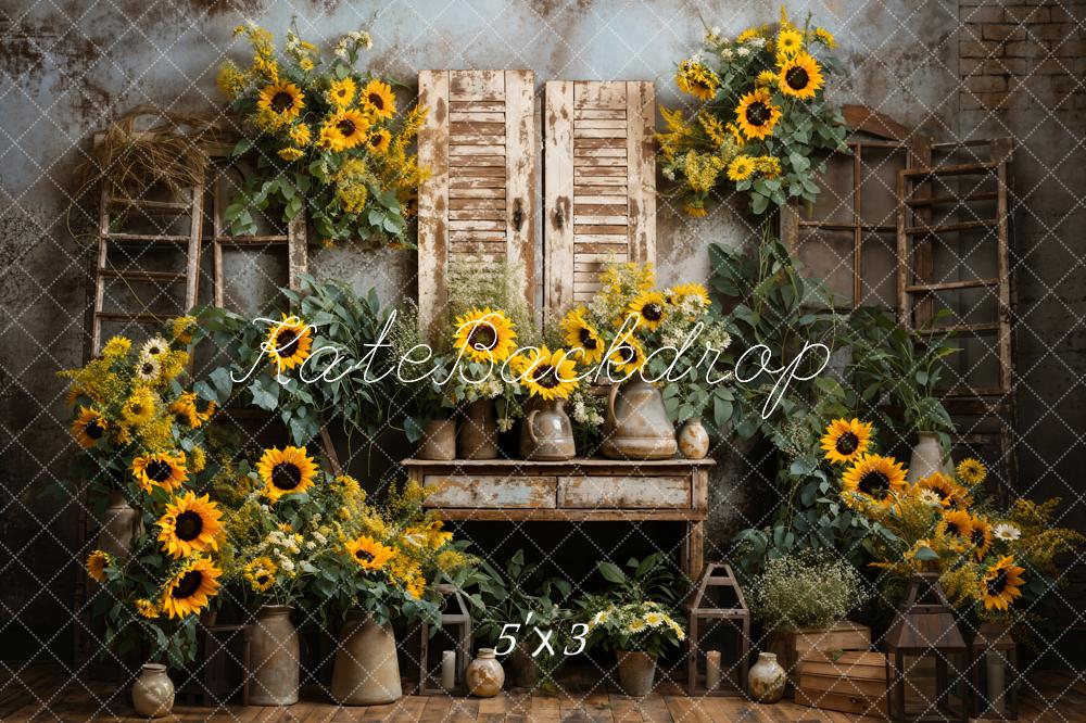 Girasoles de verano en un antiguo mobiliario de fondo de habitación diseñado por Emetselch